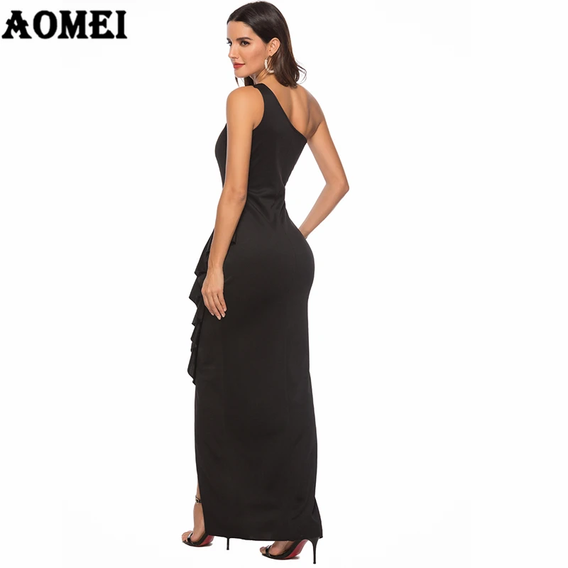 Женское платье макси вечернее с разрезом открытыми плечами рюшами сексуальное