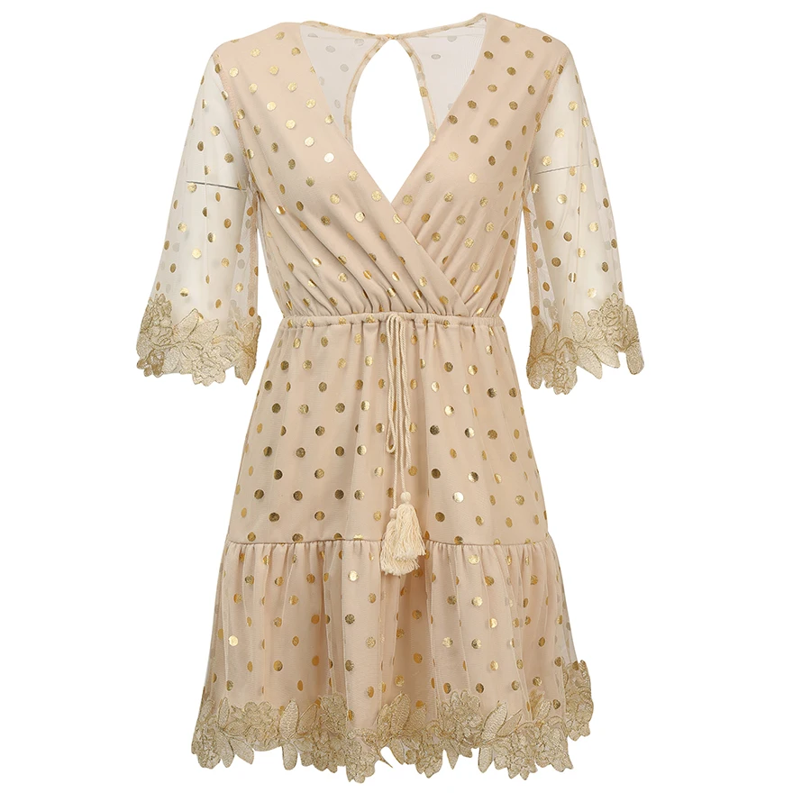 Женское платье с блестками Parthea Пляжное Платье золотого цвета кружевом на