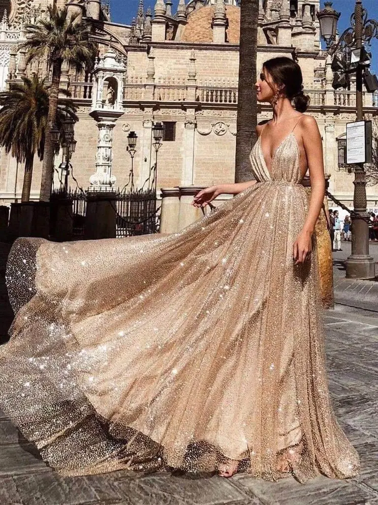 Сверкающие вечерние платья для выпускного вечера vestidos de graduacion ТРАПЕЦИЕВИДНОЕ ПЛАТЬЕ на тонких бретелях с v-образным вырезом и открытой спиной с блестками Золотое длинное платье для выпускного вечера