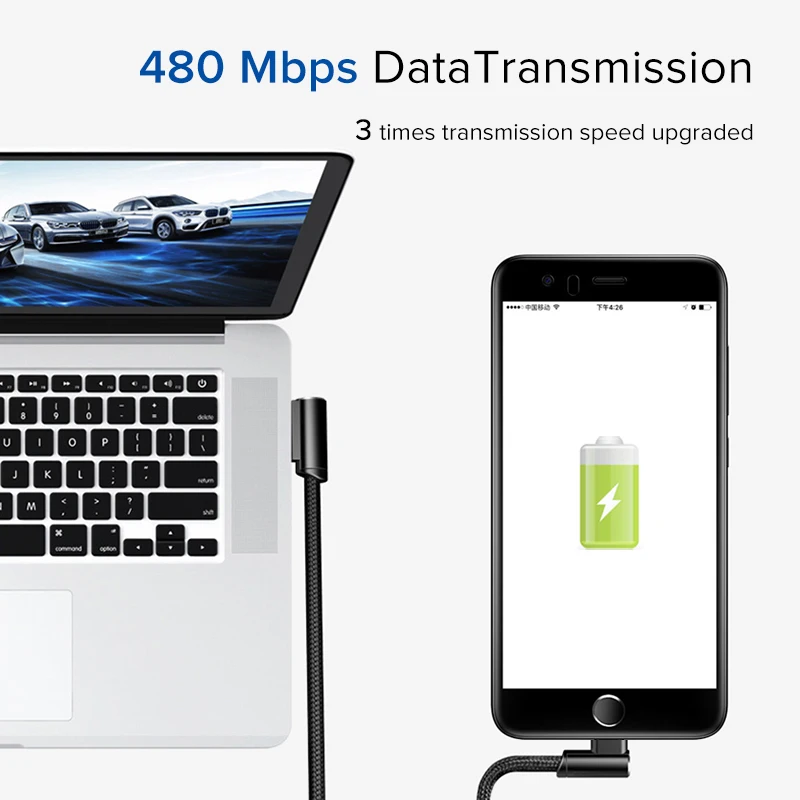 Зарядный кабель EECPT 3A Micro USB провод для зарядки и передачи данных 90 градусов