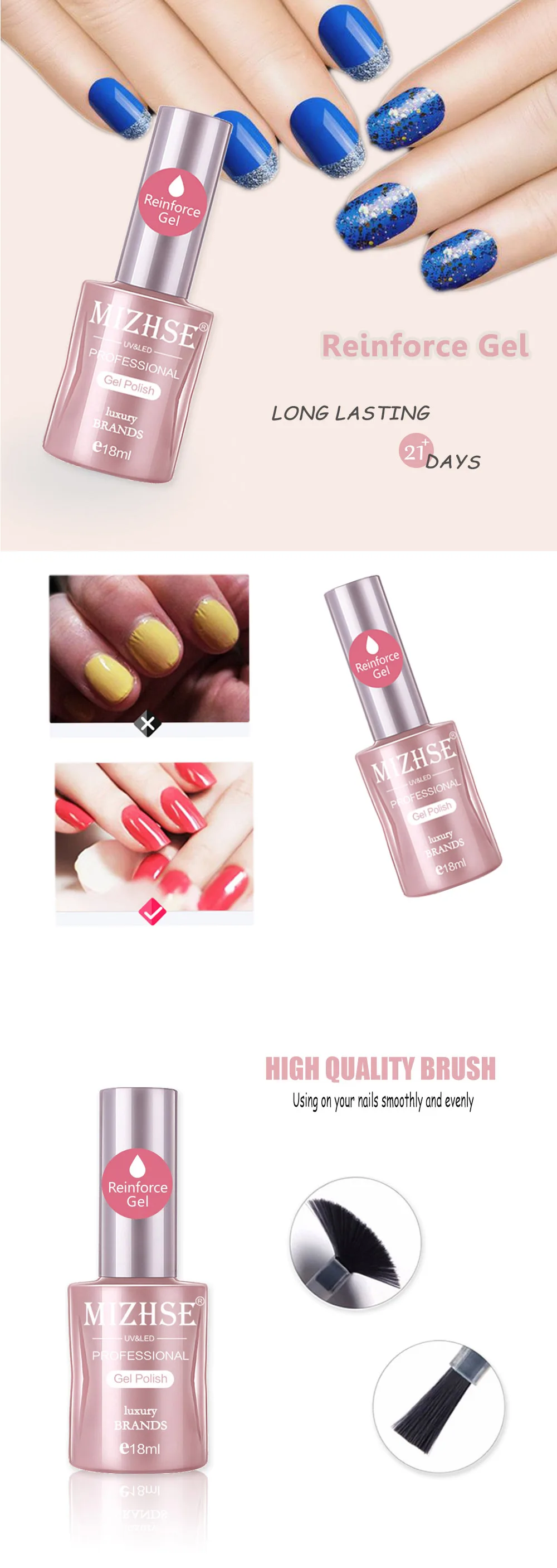 MIZHSE 18ml Reinforcement Gel Polish UV/LED Gel Polish Varnish Protect Strengthen Clear Transparent Color Strong Glue