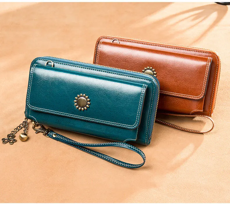 Vintage Oil Wax Leather Women Wallets Long Zippers Purse Genuine Leather Wallet Female Clutch Multifunction Big Capacity Wallet