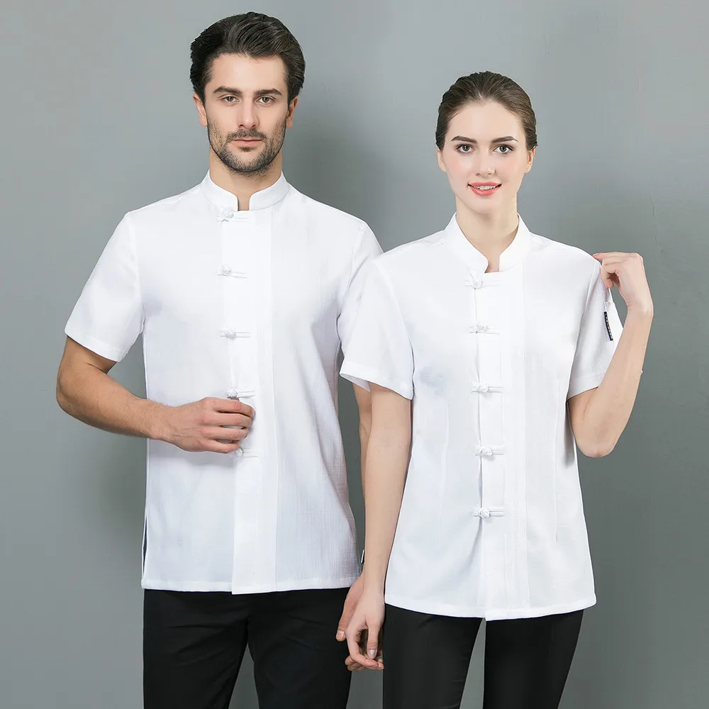2019 Summer Unisex White Black Chef Jacket Barber Shirt Restaurant Kitchen Solid Color Short Sleeve Linen Work Uniform|Пиджак