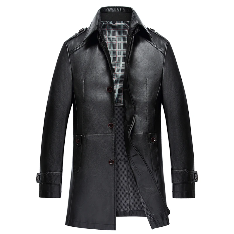 

Winter PU Leather Jacket Men Long Trench Coats Turn-down Collar Fashion Mens Overcoats Windbreaker