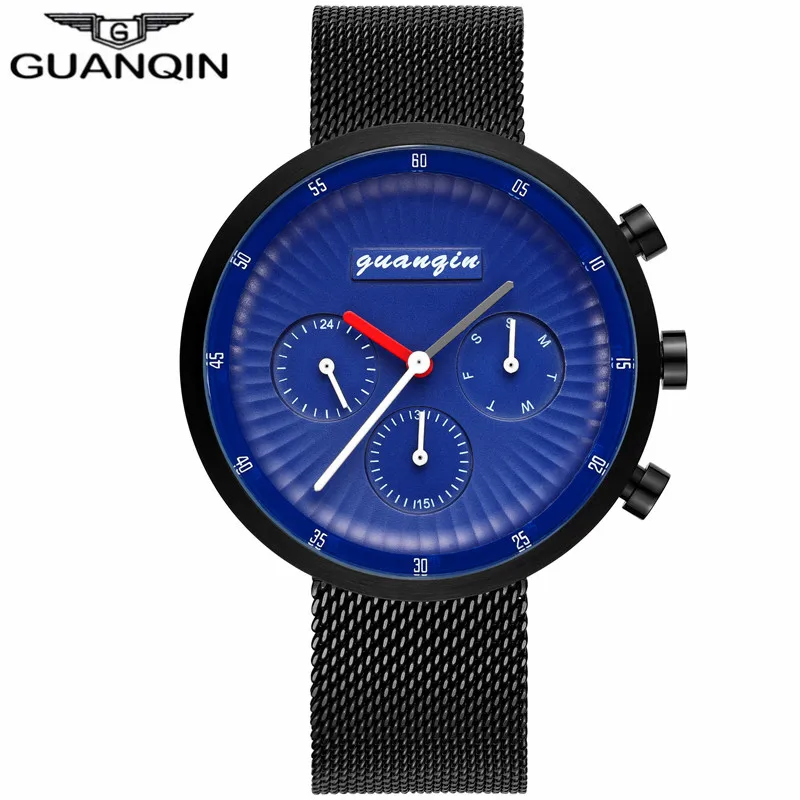 Black Blue GUANQIN лучший бренд роскошные часы Для мужчин Бизнес сетка ремень часы Человек Спорт Полный Сталь кварцевые наручные часы Relogio Masculino - Цвет: Black Blue
