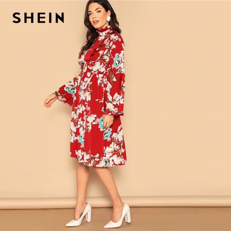 SHEIN Платье С Цветочным Принтом И Оригинальным Рукавом Женские Элегантные Платья С Цветочным Принтом С Высокой Талией Для Отдыха