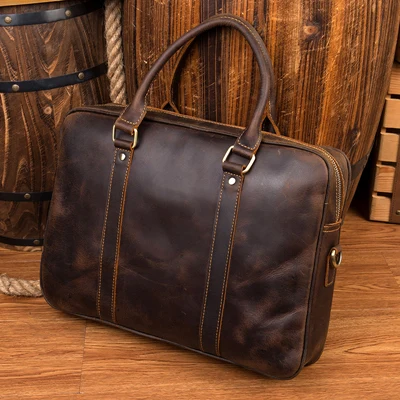 Deep brown Фирменный мужской портфель, дизайнерская сумка на плечо из натуральной кожи для компьютера, винтажная деловая мужская сумка-тоут из натуральной воловьей кожи, сумки для ноутбука - Цвет: Deep brown