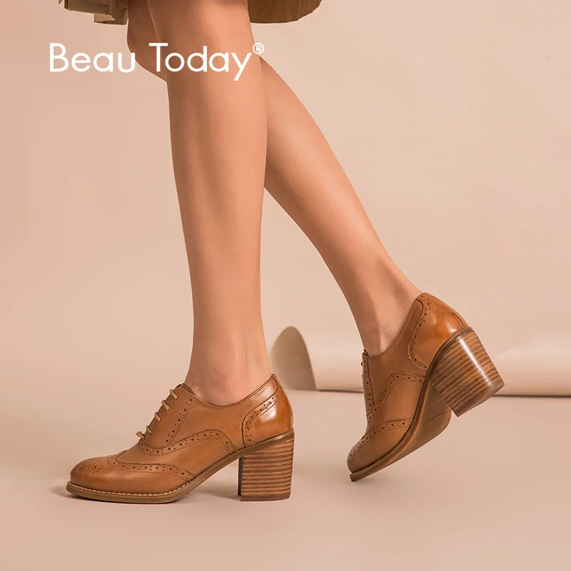 BeauToday/оксфорды для женщин; туфли-лодочки из натуральной коровьей кожи; модная обувь на шнуровке с круглым носком; женские туфли-лодочки на высоком каблуке; ручная работа; 16201