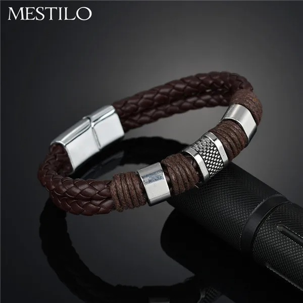 Brown MESTILO, новинка, панк, черные, коричневые, плетеные кожаные браслеты, мужские, модные, крутые, нержавеющая сталь, магнитная застежка, браслет, браслеты - Окраска металла: Brown