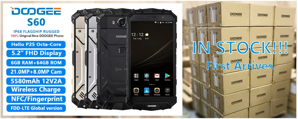 IP68 DOOGEE S60 6 ГБ ОЗУ 64 Гб беспроводной зарядки смартфон MTK Helio P25 Восьмиядерный Android 7,0 5580 МП мАч водонепроницаемый мобильный телефон