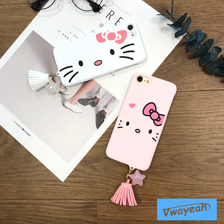 Ins hot With Star Tassel Pendant For iPhone x 10 6 7 8 Plus Lovely Kawaii Japanese Style Cartoon Beard Cat Kitty Candy Pink Case | Мобильные