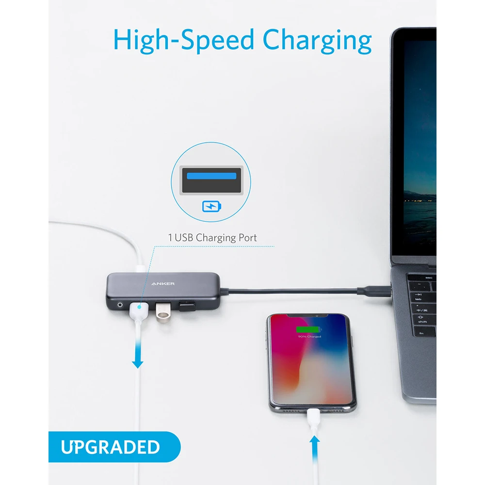 Anker USB C концентратор, 4 в 1 взаимный обмен данными между компьютером и периферийными устройствами C адаптер переменного тока, 60W Мощность доставки, с 3 портами(стандарт 3,0 Порты, для MacBook Pro 13 ''//, Chromebook, XPS и т. д