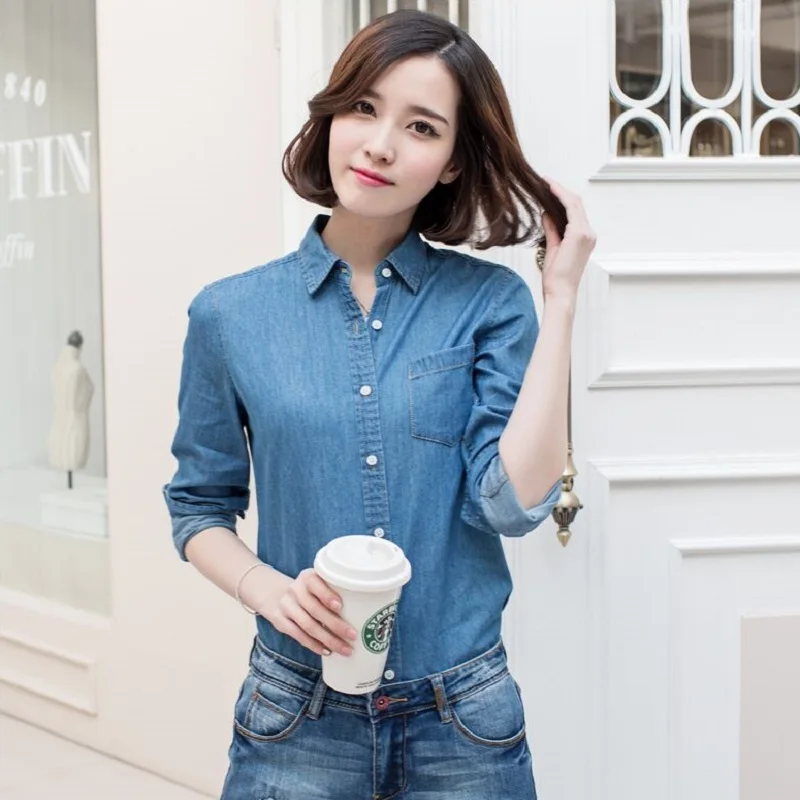Новинка женская одежда джинсовые рубашки из 100% хлопка с эффектом потертости