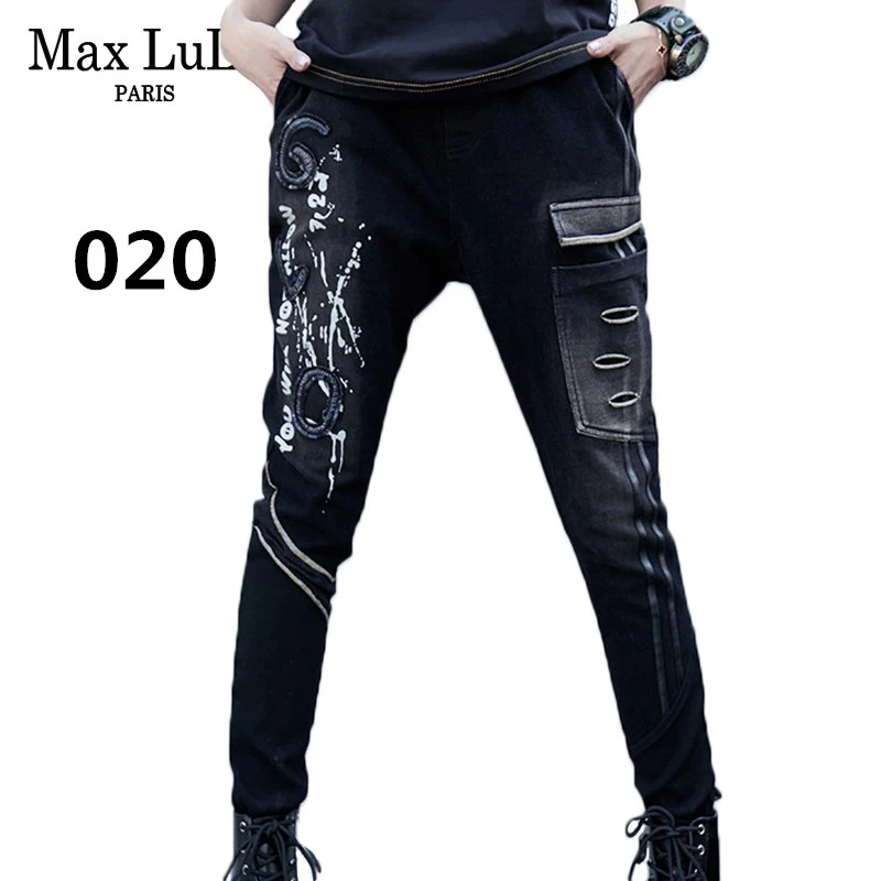 020 black Max LuLu, весенние Модные Винтажные эластичные штаны-шаровары для девочек, корейские женские черные обтягивающие джинсы, рваные женские джинсовые брюки с 3d принтом - Цвет: 020 black