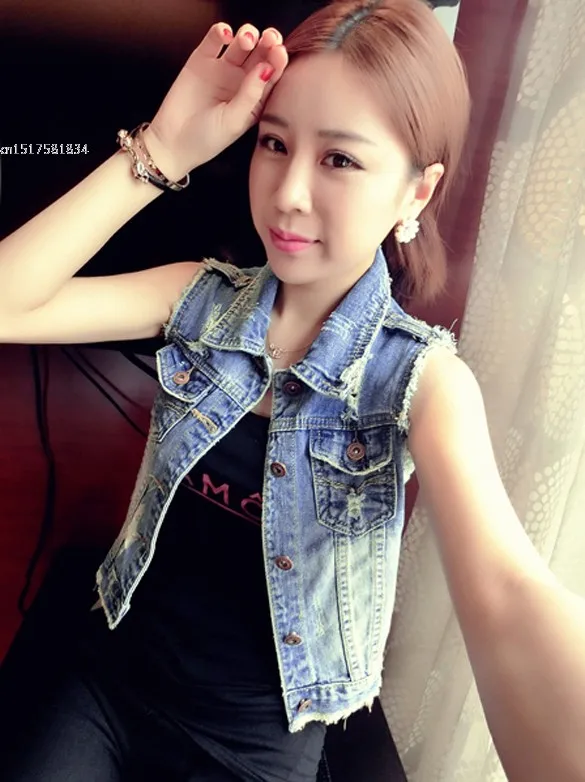 Женский джинсовый жилет без рукавов с эффектом потертости в стиле ретро кардиган