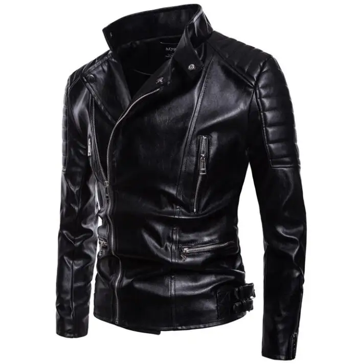 Куртка мужская кожаная на молнии мотоциклетная куртка с воротником стойкой