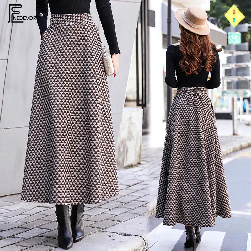 

A Line Winter Skirts Women Fashion Hot Warm Design Elegant Lady Office Long Skirt Plaid Printed Elastic High Waist Skirts Long