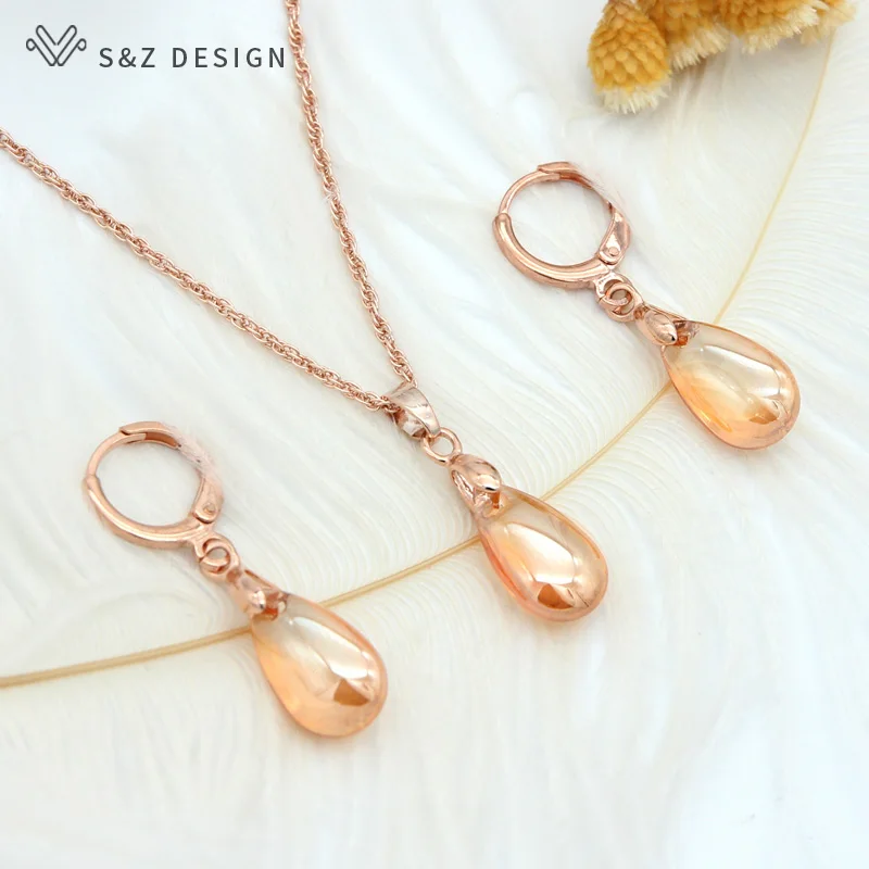 champagne S& Z новые милые 585 розовые золотые капли воды красочные стеклянные серьги-подвески ювелирный набор корейский для женщин модные вечерние ювелирные изделия подарок - Окраска металла: champagne
