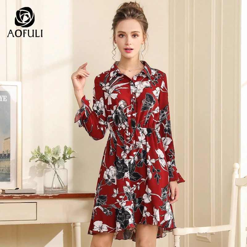 AOFULI flower print women trumpet dress ruffles autumn long sleeve shirt big size party dresses L- XXXL 4XL 5XL A3715 | Женская одежда