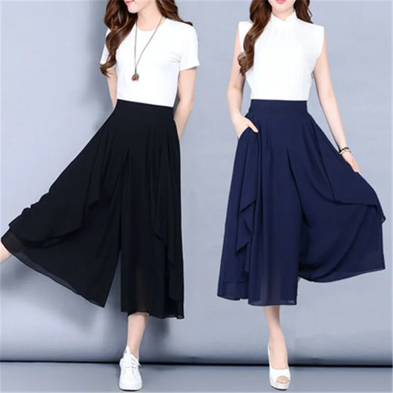 

Large Size 6XL Women's Chiffon Pants Skirt 2021 New Summer Loose Thin Wide Leg Pants High Waist Elastic Elegant Pants X846