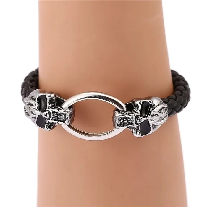 

10/PCS 2016 Punk Men's Jewelry Skeleton Skull logo woven Leather Stainless Steel Bracelets For Men Best Friends Gift
