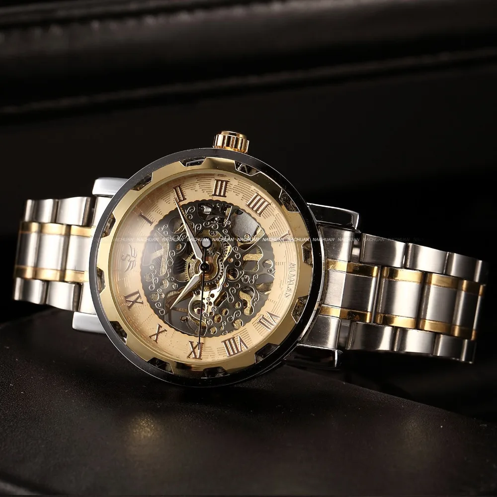 SEWOR Men Gold Black Skeleton Dial Clock Stainless Steel Strap Montre Homme Casual Mechanical Watch Mens Military Wristwatches | Наручные