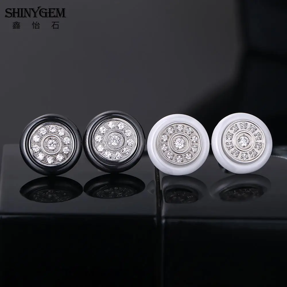 ShinyGem черные белые серьги-гвоздики из керамики круглые/квадратные серьги из нержавеющей стали AAA Белые циркониевые корейские серьги для женщин