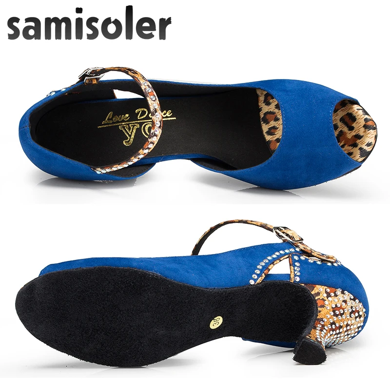 Samisoler Bule/P New Cloth Collocation Shine Ribbons Ballroom Fashion Dance Women Latin Dance Competition Shoes