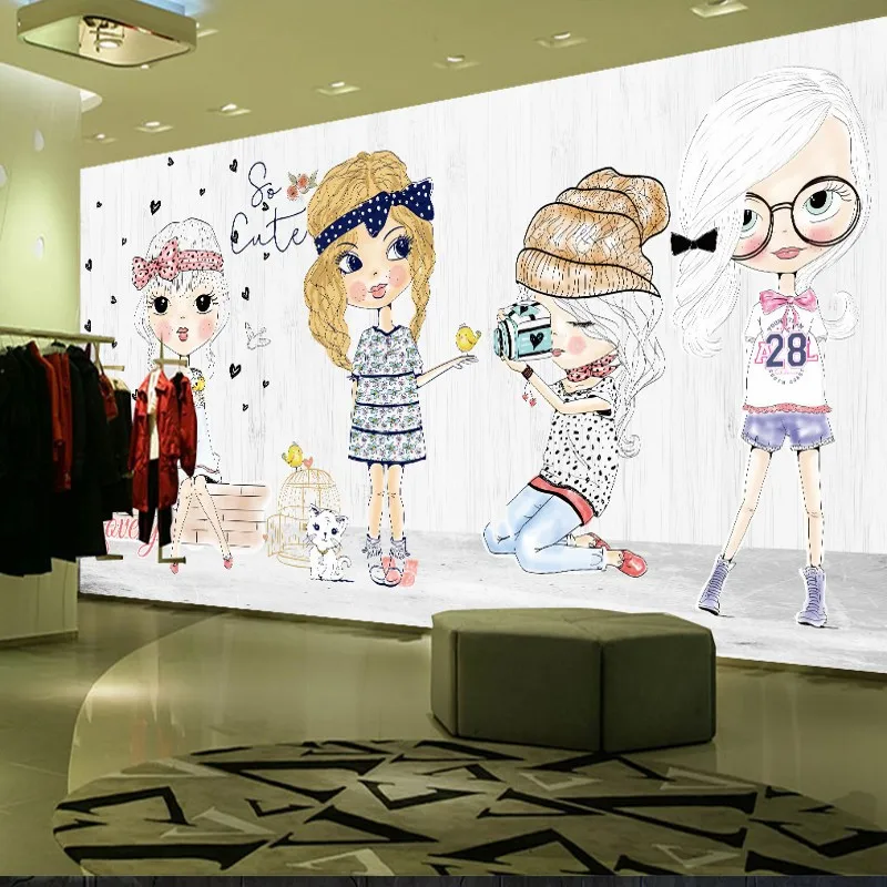 Пользовательские 3D фото обои Мода девушка ручная роспись мультфильм росписи на