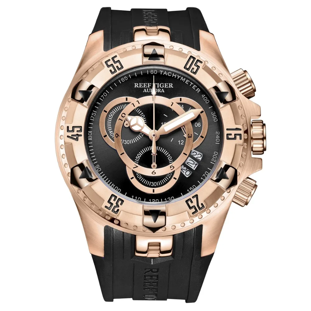 Reef Tiger Aurora Serier RGA303-2 мужские спортивные большие часы водонепроницаемые кварцевые наручные часы с хронографом большой циферблат-розовое золото