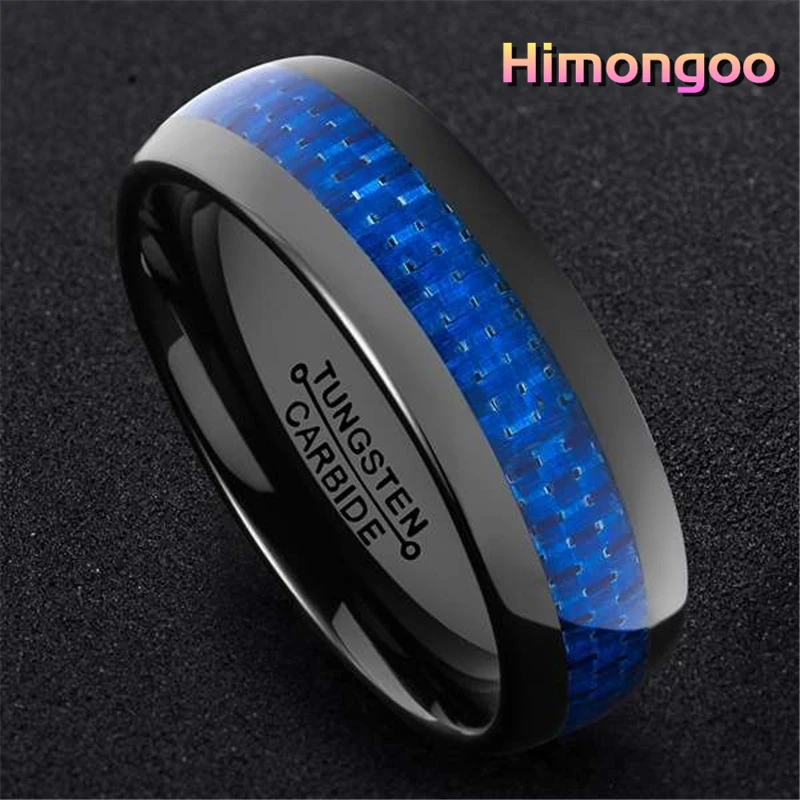 

HIMONGOO 8MM Black Mens Tungsten Carbide Ring Wedding Band Inlay Blue Carbon Fiber Scratch Proof Engagement Anniversary Gift