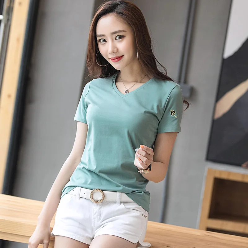 Футболка женская с вышивкой и V образным вырезом милая Повседневная хлопковая