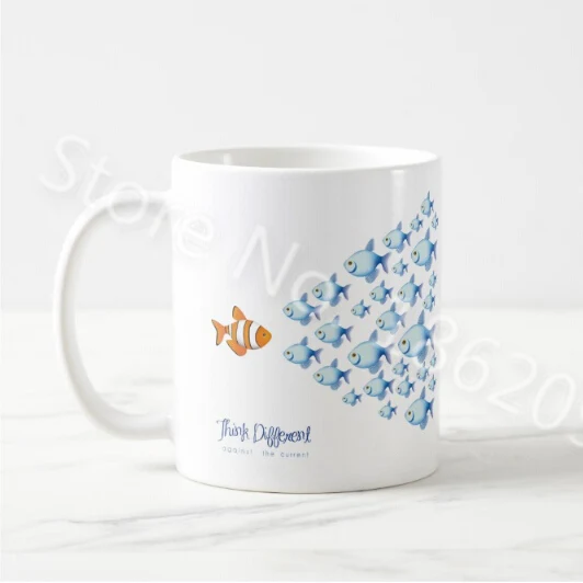 

Novelty Geek Motivational Inspirational Quote Gift for Coworker Friend Family Cartoon Think Different Fishes Coffee Mug Tea Cup
