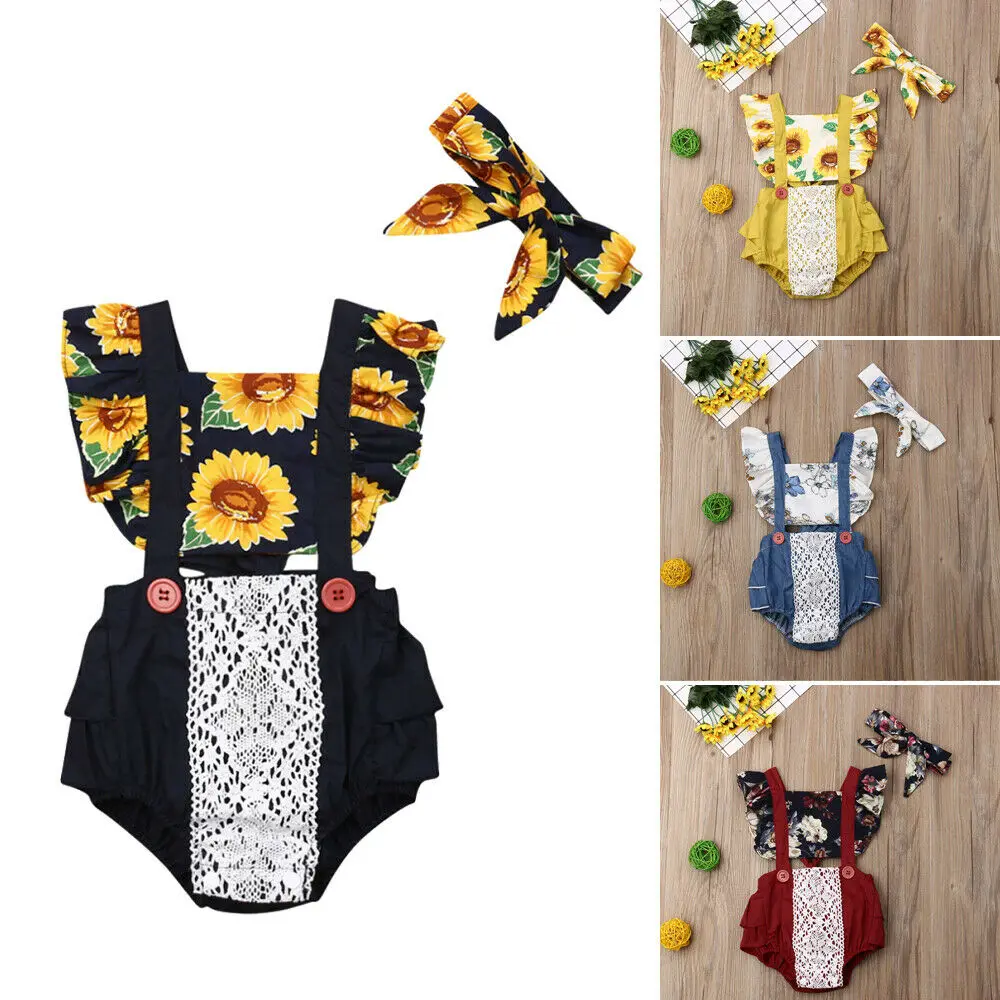 

Newborn Baby Girls 0-24M SunFlower Ruffle Lace Bodysuit 2Pcs Sunsuit Outfit Set