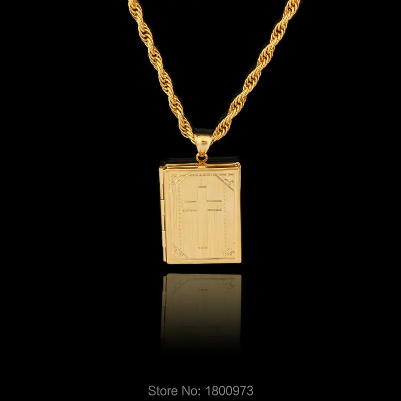 Кулон в виде книги Святой Библии золотого цвета с фото ожерелье ювелирные