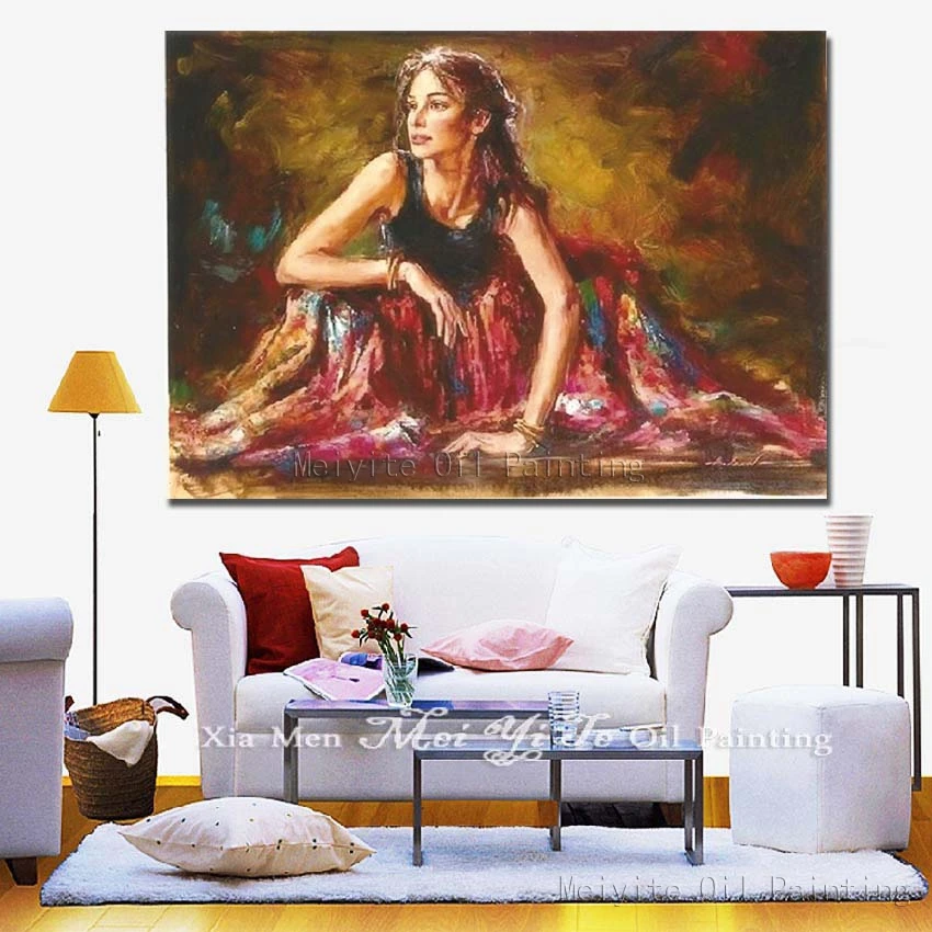 

Free Shipping Portrait Women Oil Painting Beautiful Long Skirt Woman Wall Picture Living Room Decor Wholesale