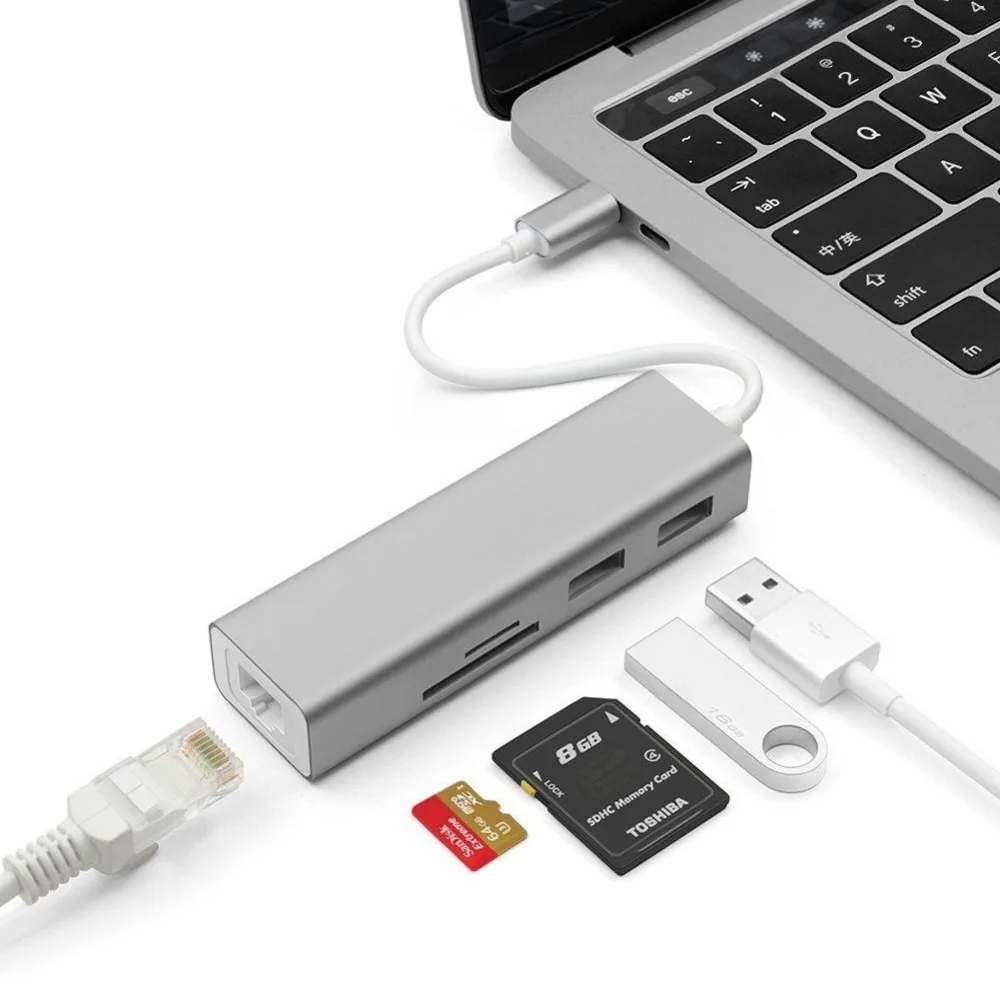 USB-C концентратор Тип C Порты и разъёмы 5 in1 с 2 портами (стандарт 3 0 LAN SD карты сетевой