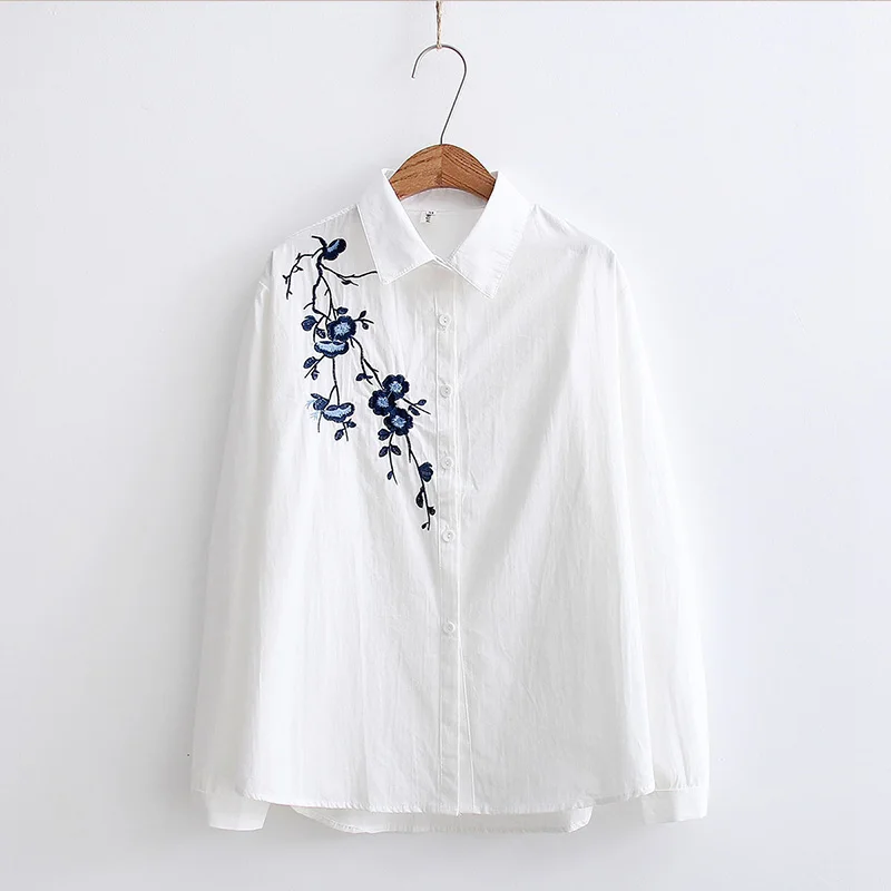 N White Blue Floral Белая блузка Женская рабочая одежда на пуговицах, кружевной отложной воротник, длинный рукав, хлопок, топ, рубашка размера плюс S-XXL, blusas feminina T56302 - Цвет: N White Blue Floral