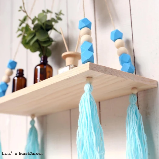 small hand crafted beaded solid wood rope display wall shelf flat | Дом и сад