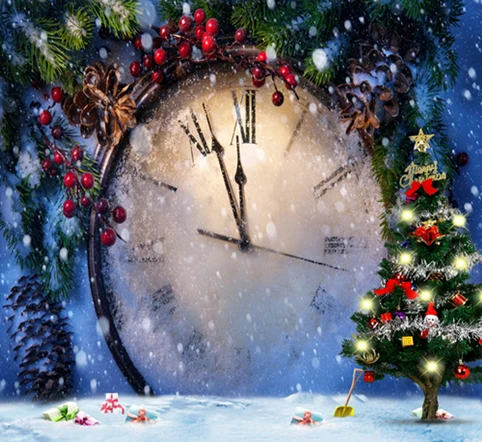 

10x10FT Snowy Green Pine Branch Light Clock Wall Ice Yard Christmas Tree Photography Backdrops Studio Backgrounds Vinyl 8x8 8x10