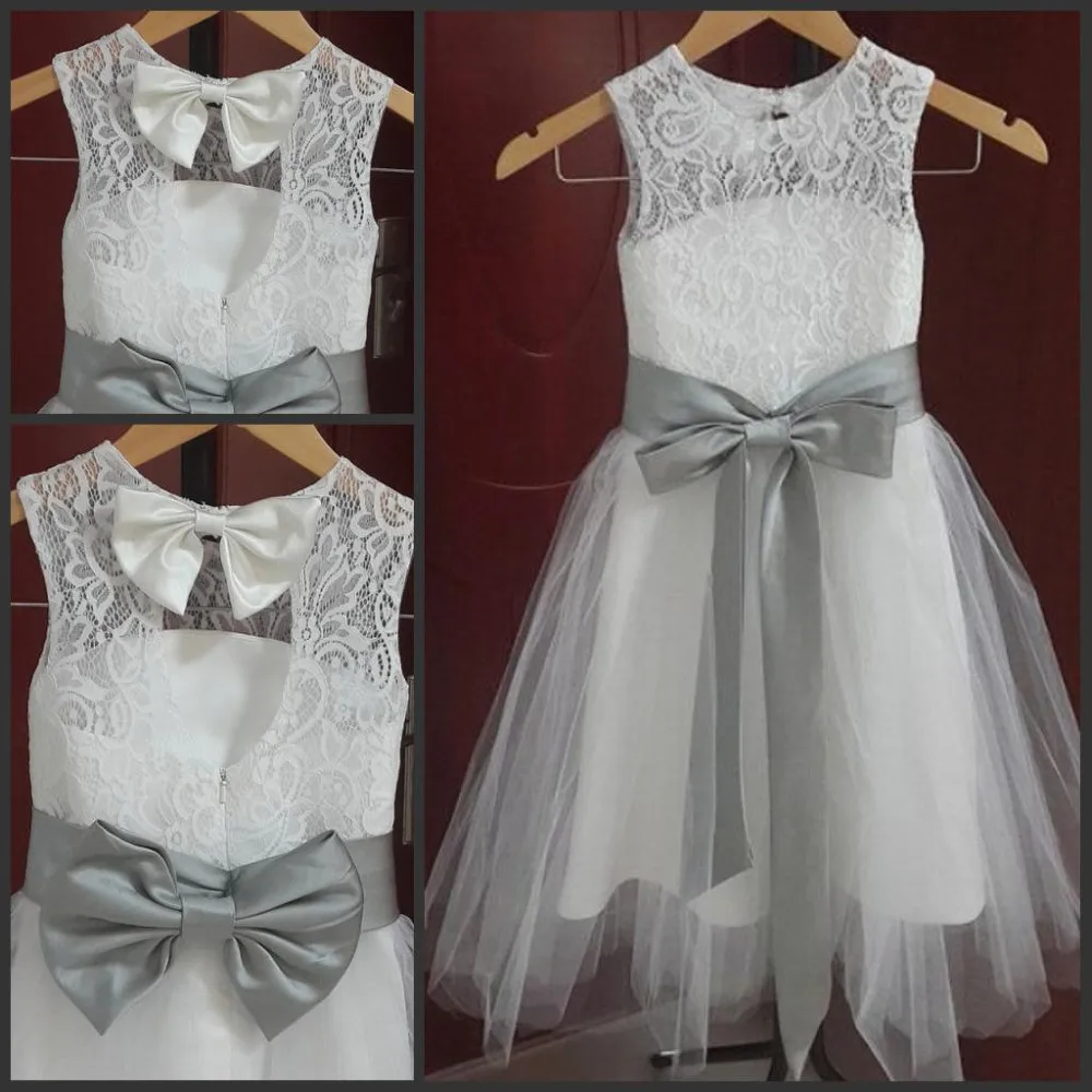 

O-Neck sleeveless Anke length tulle Ball Gown Lace Grey Satin waist Bows Flower Girl Dresses children dress up costumes
