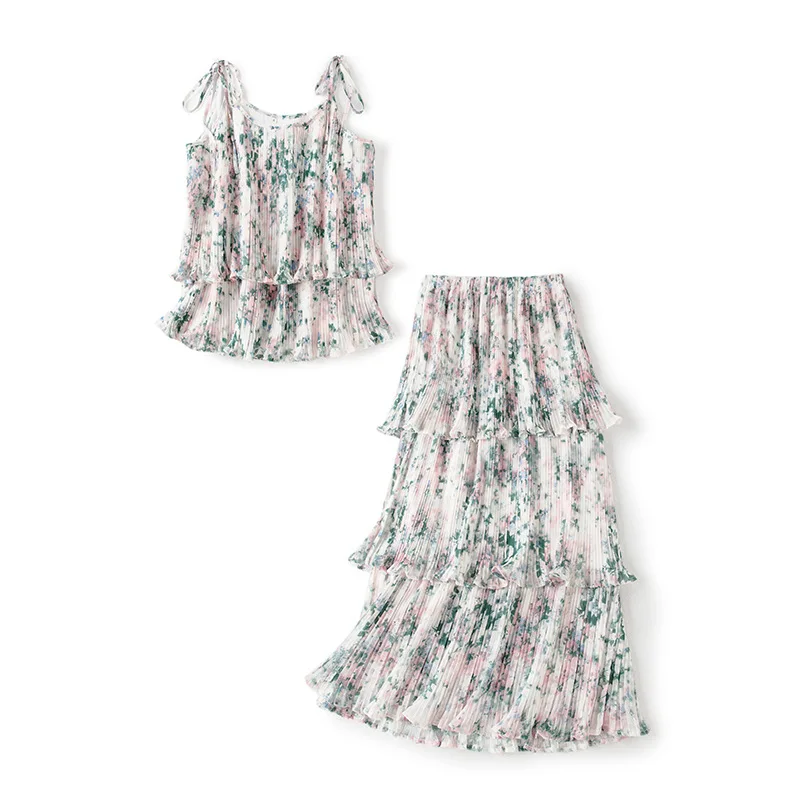 

2019 Spring and Summer New Women Print Pleated Strap Top+skirts Holiday Beach Sets