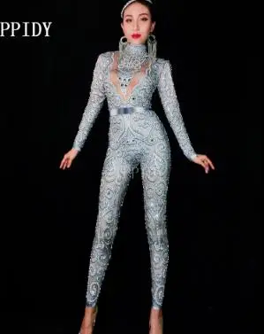 gray jumpsuit Модный серый, серебряный, стразы, комбинезон, длинные рукава, стрейч, сексуальный комбинезон, сценический, вечерние, праздничный, Ночной костюм - Цвет: gray jumpsuit