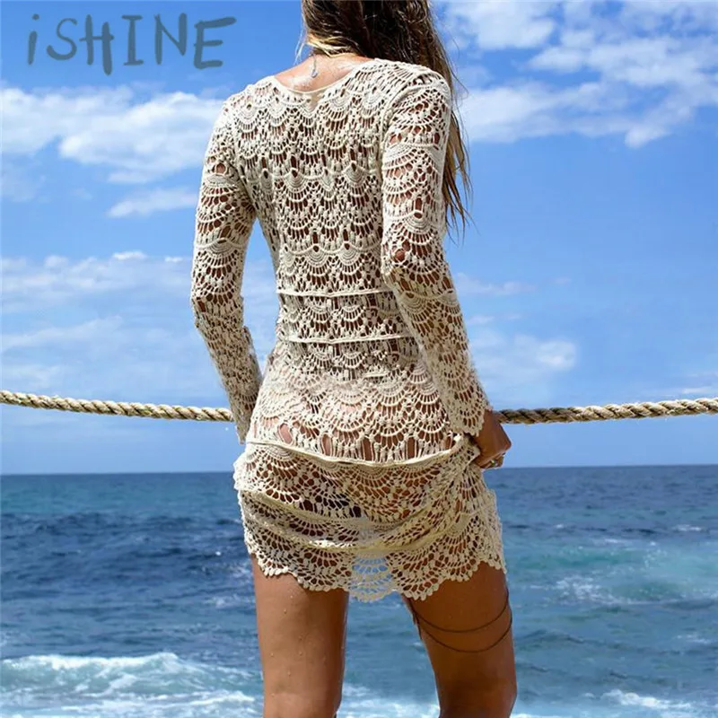 ISHINE Женская пляжная блузка накидка открытая трикотажная рубашка летняя вязанная