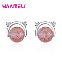 top quality 925 sterling silver accessories pretty wedding jewelry pink beads atrewberry stone lovely pet cat earring