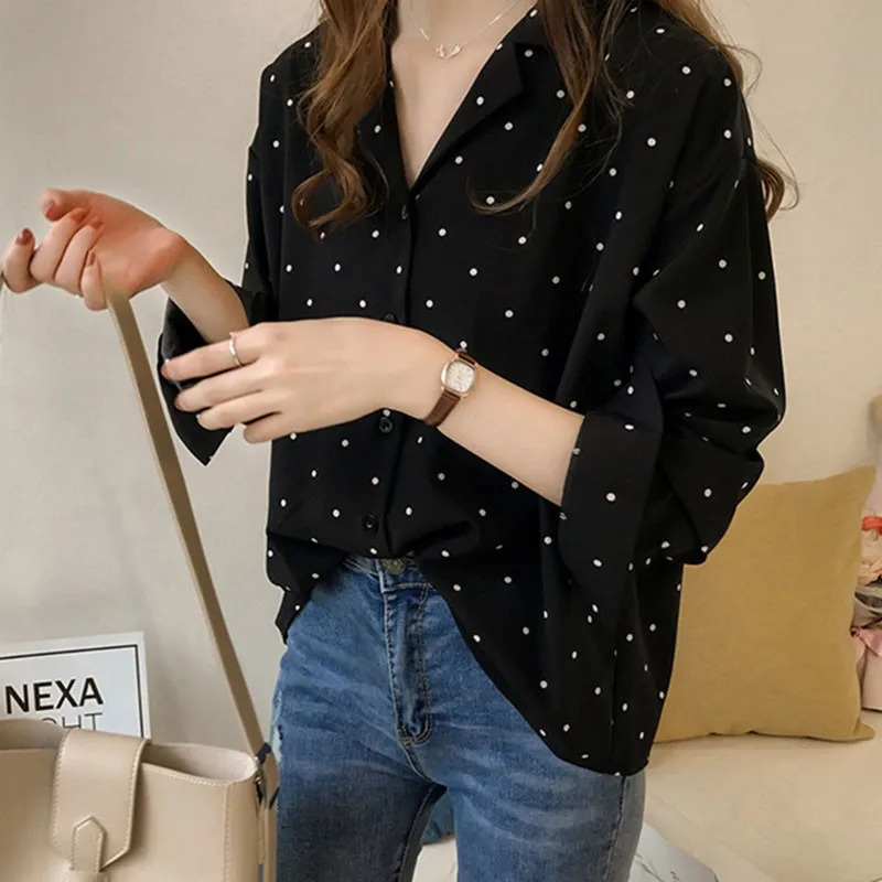 Casual Chiffon Polka Dots Shirt Women Top Casual V-Neck Long Sleeves Blouses