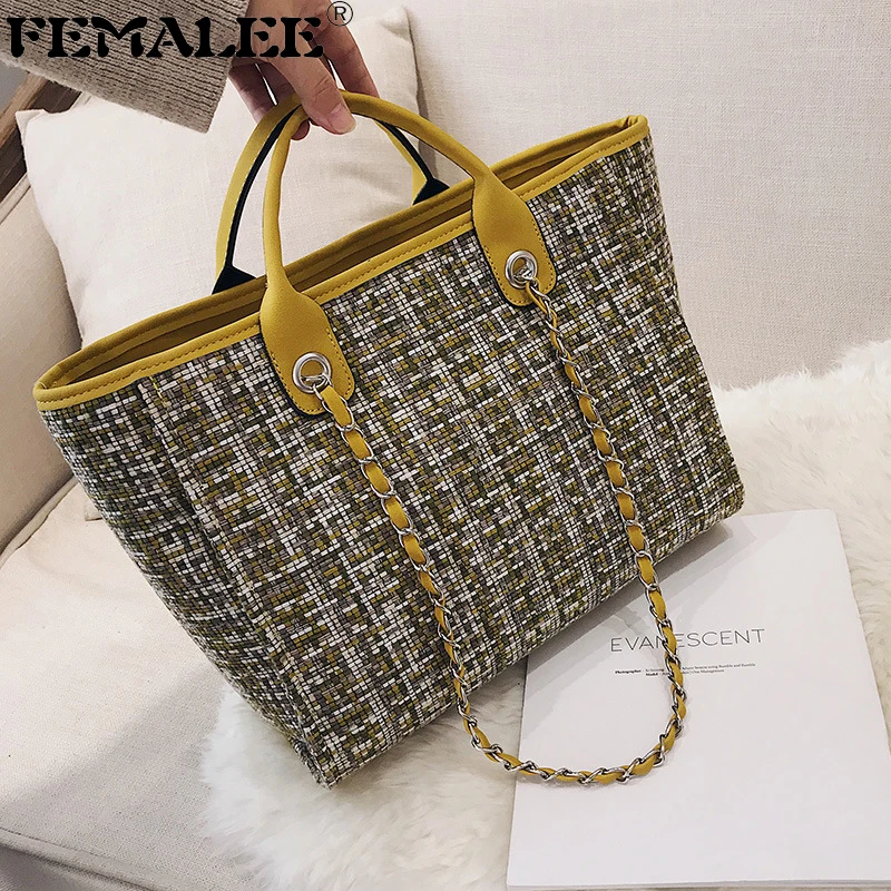 FEMALEE, женские большие сумки,, контрастные Сумки из искусственной кожи, женские дизайнерские сумки, большие твидовые цепи, сумка-мешок на плечо
