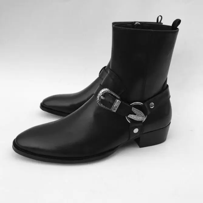 2019 FR.LANCELO Black Soft Genuine Leather Metal Buckle Cross Men Boots Chelsea Flats Zipper Shoes Mens Zapatillas | Обувь