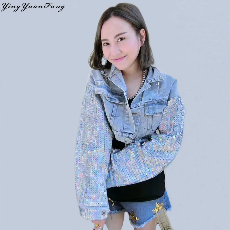 

YingYuanFang, осенняя Новинка, короткие рукава с блестками, Женская ковбойская куртка