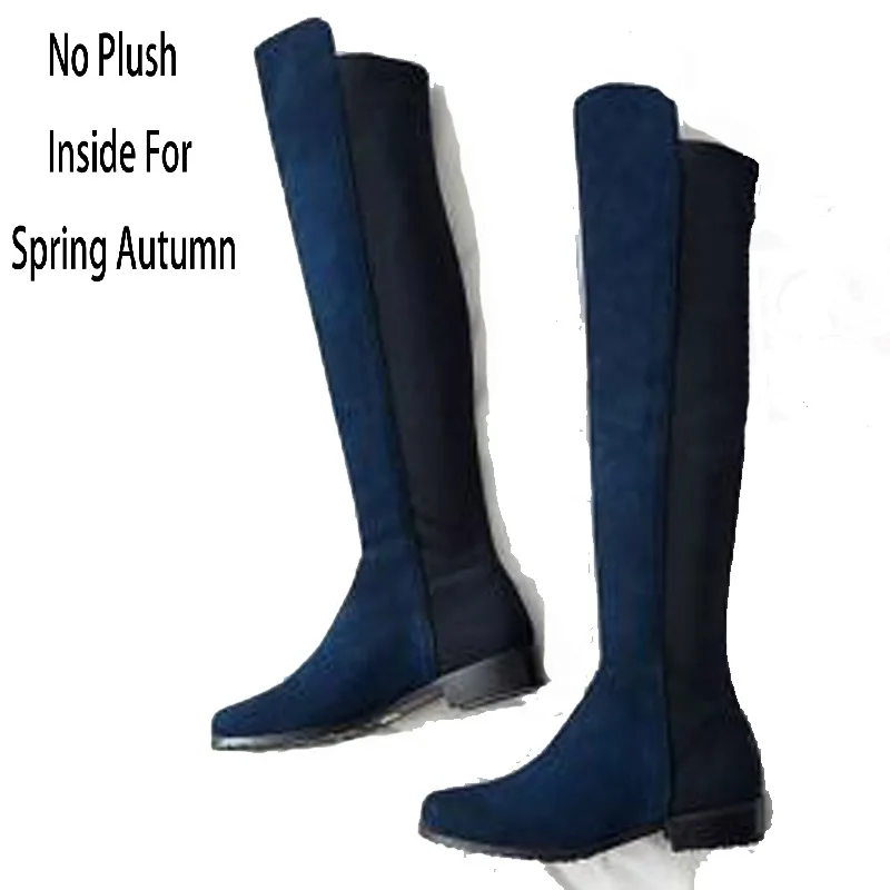 50 Blue SpringAutumn Женские Лоскутные зимние высокие сапоги из коровьей кожи с коротким плюшем; сезон весна-осень; Сапоги выше колена из натуральной кожи с острым носком; ZY171021 - Цвет: 50 Blue SpringAutumn